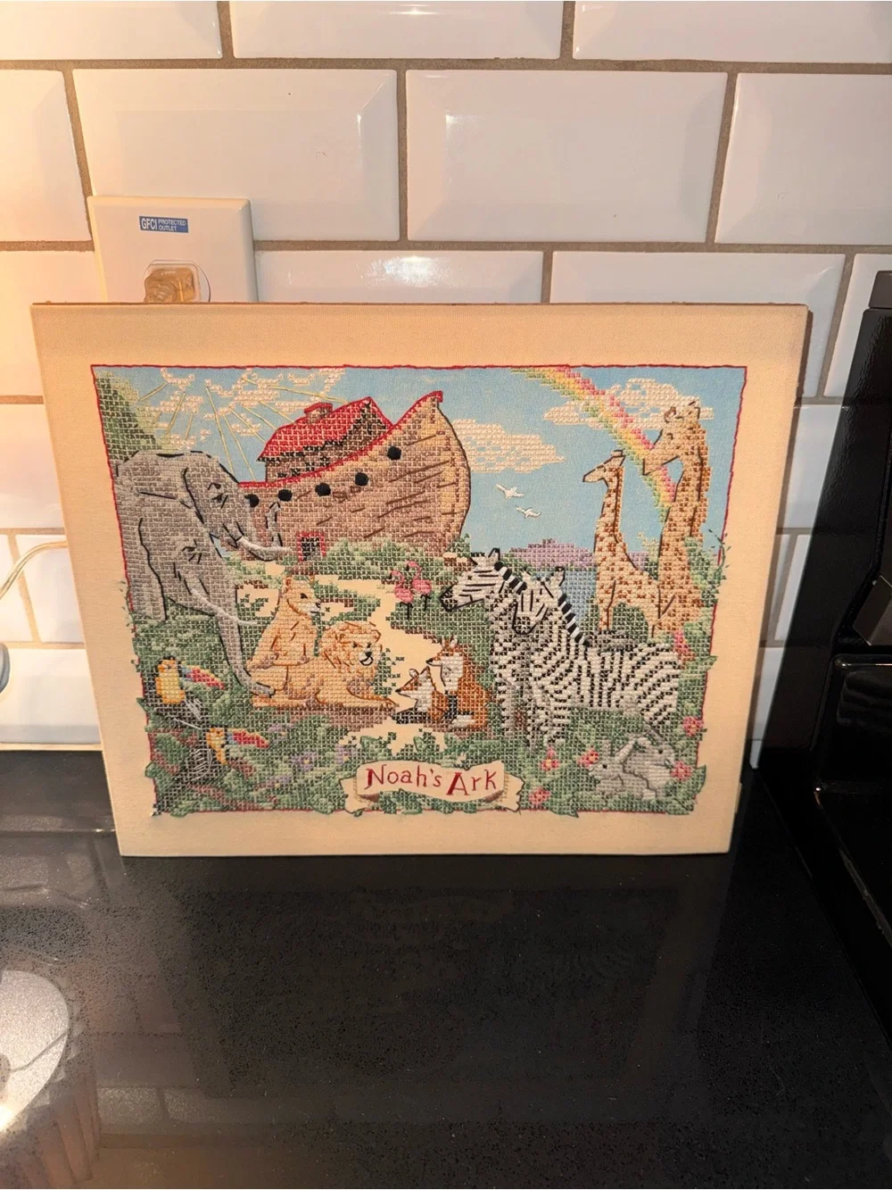 Noah's Ark Cross Stitch Wall Art - Cream Background with Multicolor Animals